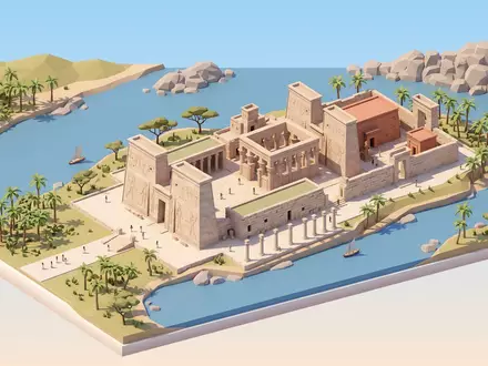 Isometrisches Diorama von Philae-Tempel und Umgebung in Assuan Agypten, verspielte Low-Poly-Kulisse in Pastellfarben - Foto: THN