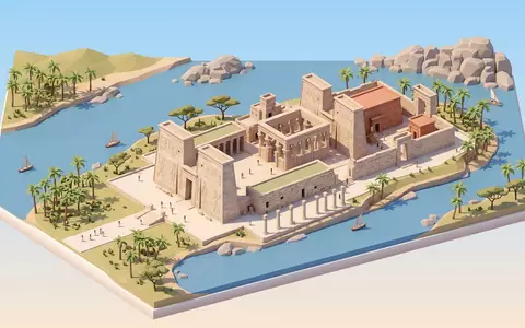 Isometrisches Diorama von Philae-Tempel und Umgebung in Assuan Agypten, verspielte Low-Poly-Kulisse in Pastellfarben - Foto: THN