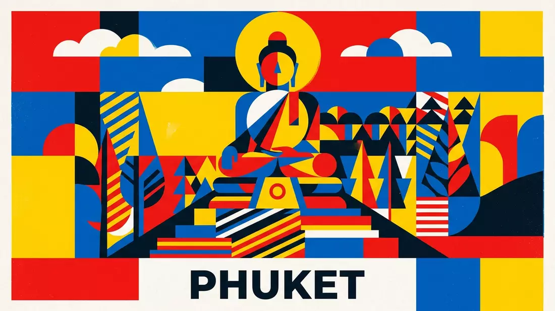 Bauhaus-Poster als Abstraktion von Grosser Buddha Phuket in Phuket, Thailand