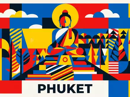 Bauhaus-Poster als geometrische Abstraktion von Grosser Buddha Phuket in Phuket Thailand, kraeftige Grundfarben und harte - Foto: THN