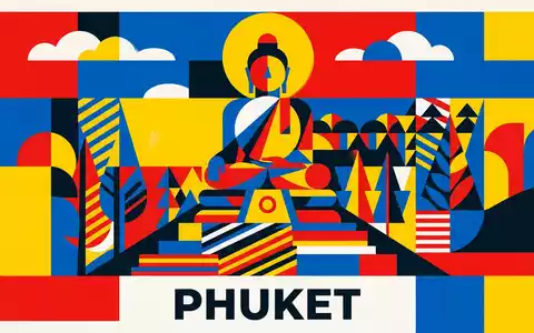 Bauhaus-Poster als geometrische Abstraktion von Grosser Buddha Phuket in Phuket Thailand, kraeftige Grundfarben und harte - Foto: THN