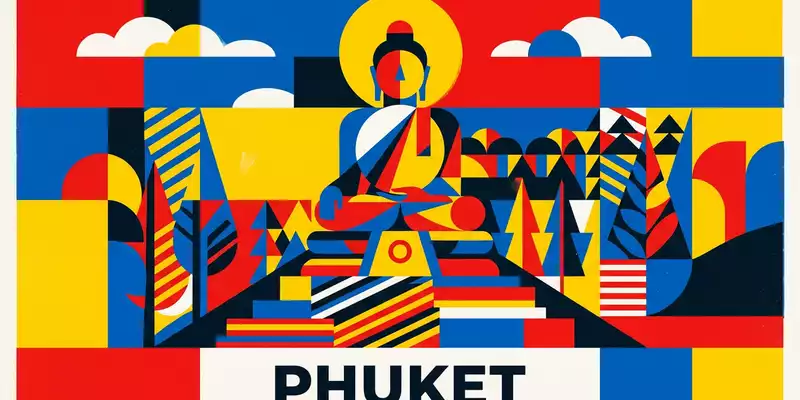 Bauhaus-Poster als geometrische Abstraktion von Grosser Buddha Phuket in Phuket Thailand, kraeftige Grundfarben und harte - Foto: THN