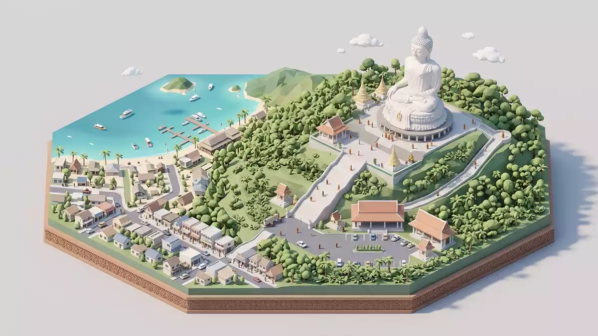Isometrisches Diorama von Grosser Buddha Phuket in Phuket, Thailand in Pastell