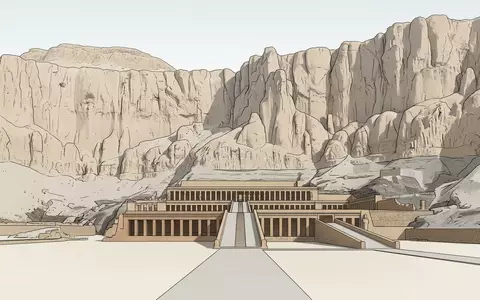Moderner Architektur-Render zeigt Silhouette von Totentempel der Hatschepsut in Luxor Agypten, klare Linien und neutrales - Foto: THN