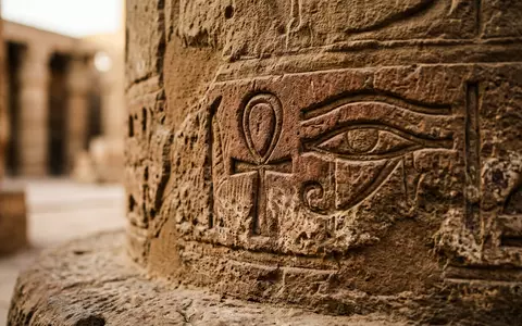 Extreme Makroaufnahme eines Materialdetails am Wahrzeichen Luxor-Tempel in Luxor Agypten, taktile Struktur und weiches Seitenlicht - Foto: THN
