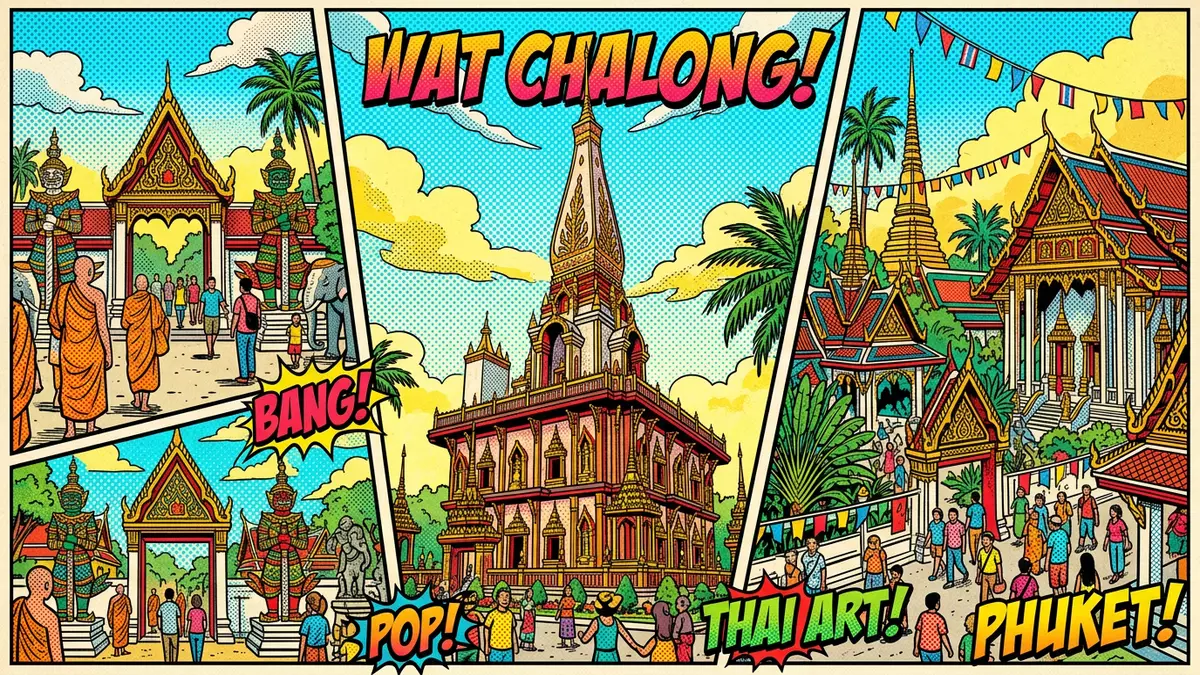 Pop-Art-Comic von Wat Chalong Phuket in Phuket, Thailand mit Rasterpunkten