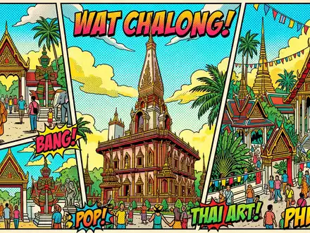 Pop-Art-Comicillustration des Wahrzeichens Wat Chalong Phuket in Phuket Thailand, kraeftige Konturen Rasterpunkte und satte Farben - Foto: THN