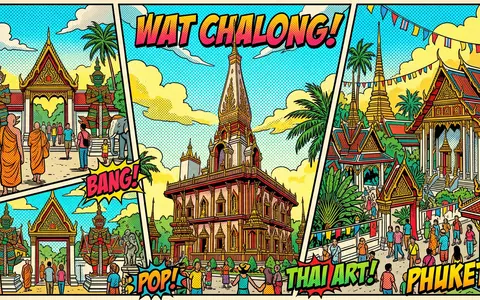 Pop-Art-Comicillustration des Wahrzeichens Wat Chalong Phuket in Phuket Thailand, kraeftige Konturen Rasterpunkte und satte Farben - Foto: THN
