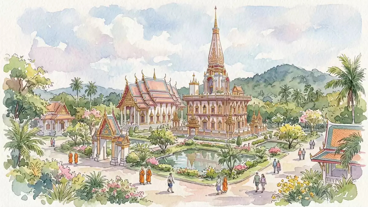 Aquarell-Illustration von Wat Chalong Phuket in Phuket, Thailand als Reiseposter