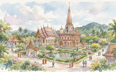 Aquarellillustration des Wahrzeichens Wat Chalong Phuket in Phuket Thailand, weiche Farbverläufe und pastelliges Reiseposter-Feeling - Foto: THN