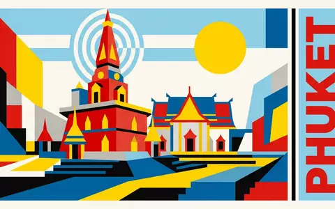 Bauhaus-Poster als geometrische Abstraktion von Wat Chalong Phuket in Phuket Thailand, kraeftige Grundfarben und harte - Foto: THN