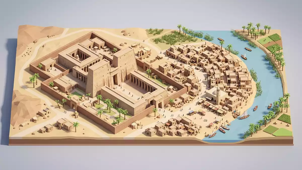 Isometrisches Diorama von Edfu-Tempel in Edfu, Agypten in Pastell