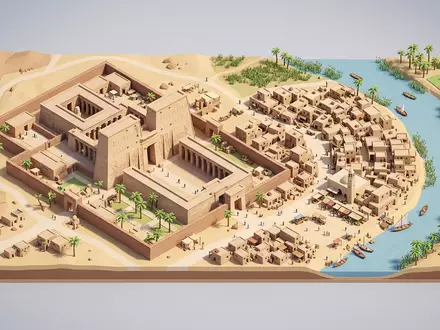 Isometrisches Diorama von Edfu-Tempel und Umgebung in Edfu Agypten, verspielte Low-Poly-Kulisse in Pastellfarben - Foto: THN