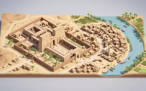 Isometrisches Diorama von Edfu-Tempel und Umgebung in Edfu Agypten, verspielte Low-Poly-Kulisse in Pastellfarben - Foto: THN