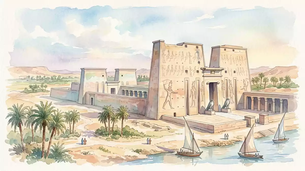 Aquarell-Illustration von Edfu-Tempel in Edfu, Agypten als Reiseposter
