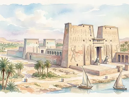 Aquarellillustration des Wahrzeichens Edfu-Tempel in Edfu Agypten, weiche Farbverläufe und pastelliges Reiseposter-Feeling - Foto: THN