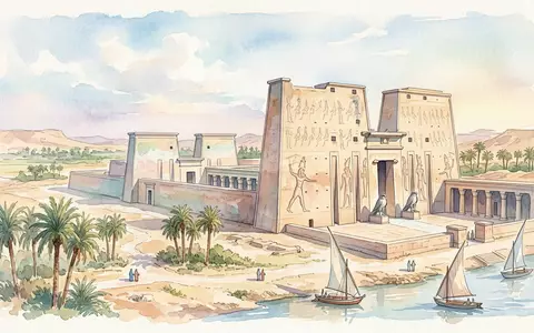 Aquarellillustration des Wahrzeichens Edfu-Tempel in Edfu Agypten, weiche Farbverläufe und pastelliges Reiseposter-Feeling - Foto: THN