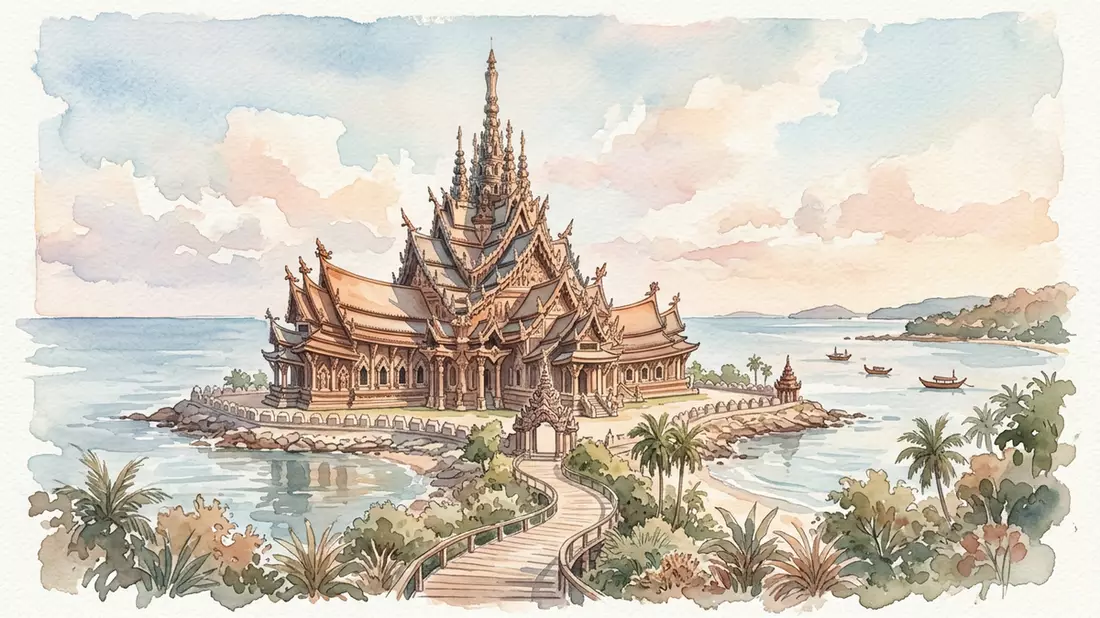 Aquarell-Illustration von Sanctuary of Truth Pattaya in Pattaya, Thailand als Reiseposter
