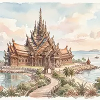 Aquarellillustration des Wahrzeichens Sanctuary of Truth Pattaya in Pattaya Thailand, weiche Farbverläufe und pastelliges Reiseposter-Feeling - Foto: THN