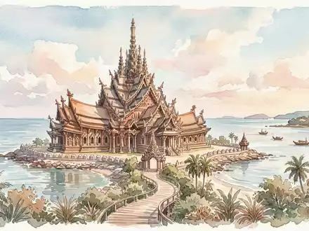 Aquarellillustration des Wahrzeichens Sanctuary of Truth Pattaya in Pattaya Thailand, weiche Farbverläufe und pastelliges Reiseposter-Feeling - Foto: THN