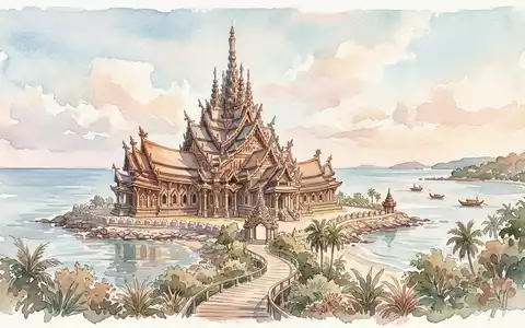 Aquarellillustration des Wahrzeichens Sanctuary of Truth Pattaya in Pattaya Thailand, weiche Farbverläufe und pastelliges Reiseposter-Feeling - Foto: THN