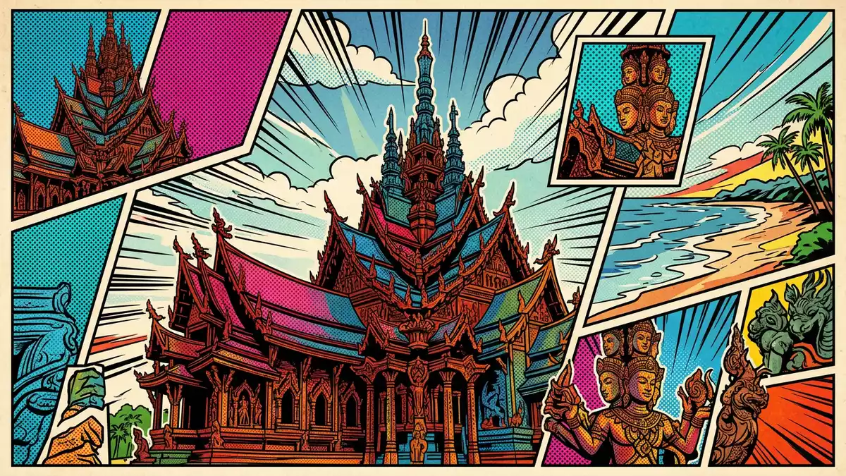 Pop-Art-Comic von Sanctuary of Truth Pattaya in Pattaya, Thailand mit Rasterpunkten