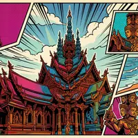 Pop-Art-Comicillustration des Wahrzeichens Sanctuary of Truth Pattaya in Pattaya Thailand, kraeftige Konturen Rasterpunkte und satte - Foto: THN