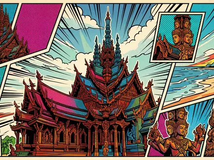 Pop-Art-Comicillustration des Wahrzeichens Sanctuary of Truth Pattaya in Pattaya Thailand, kraeftige Konturen Rasterpunkte und satte - Foto: THN