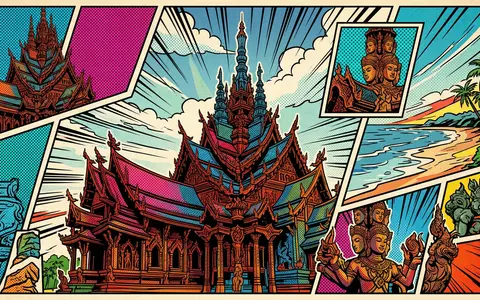 Pop-Art-Comicillustration des Wahrzeichens Sanctuary of Truth Pattaya in Pattaya Thailand, kraeftige Konturen Rasterpunkte und satte - Foto: THN