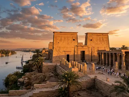 Fotorealistische Panoramaaufnahme von Kom-Ombo-Tempel in Kom Ombo Agypten, warmes Abendlicht auf Wahrzeichen - Foto: THN