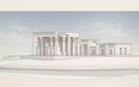 Moderner Architektur-Render zeigt Silhouette von Kom-Ombo-Tempel in Kom Ombo Agypten, klare Linien und neutrales Tageslicht - Foto: THN