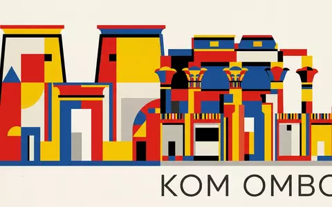 Bauhaus-Poster als geometrische Abstraktion von Kom-Ombo-Tempel in Kom Ombo Agypten, kraeftige Grundfarben und harte Formkanten - Foto: THN