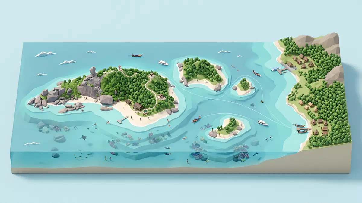 Isometrisches Diorama von Similan-Inseln in Phang Nga, Thailand in Pastell