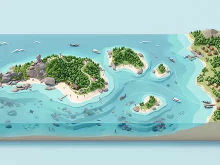 Isometrisches Diorama von Similan-Inseln und Umgebung in Phang Nga Thailand, verspielte Low-Poly-Kulisse in Pastellfarben - Foto: THN