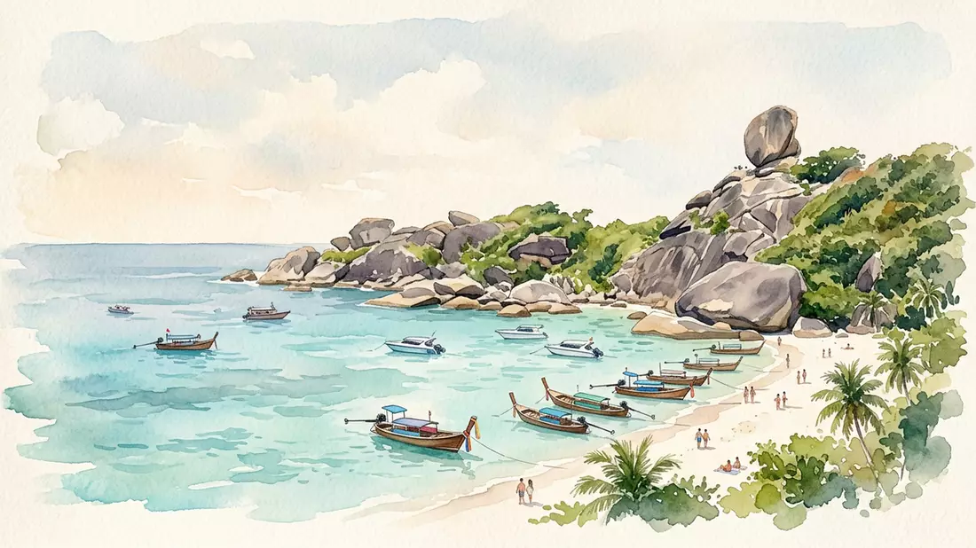 Aquarell-Illustration von Similan-Inseln in Phang Nga, Thailand als Reiseposter
