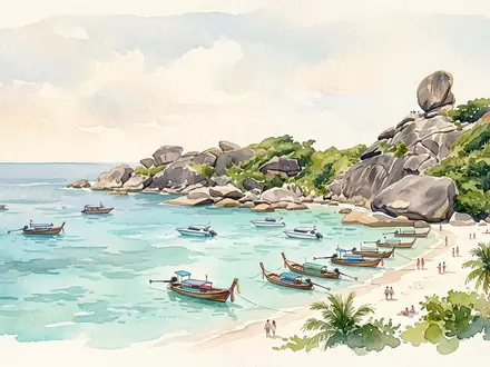 Aquarellillustration des Wahrzeichens Similan-Inseln in Phang Nga Thailand, weiche Farbverläufe und pastelliges Reiseposter-Feeling - Foto: THN