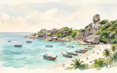 Aquarellillustration des Wahrzeichens Similan-Inseln in Phang Nga Thailand, weiche FarbverlÀufe und pastelliges Reiseposter-Feeling - Foto: THN