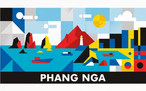 Bauhaus-Poster als geometrische Abstraktion von Similan-Inseln in Phang Nga Thailand, kraeftige Grundfarben und harte Formkanten - Foto: THN