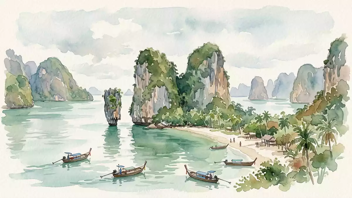 Aquarell-Illustration von James-Bond-Insel in Phang Nga, Thailand als Reiseposter