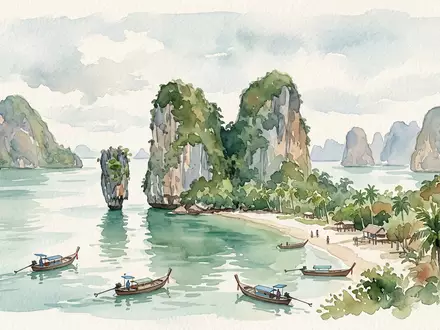 Aquarellillustration des Wahrzeichens James-Bond-Insel in Phang Nga Thailand, weiche Farbverläufe und pastelliges Reiseposter-Feeling - Foto: THN