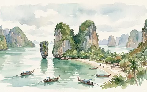 Aquarellillustration des Wahrzeichens James-Bond-Insel in Phang Nga Thailand, weiche Farbverläufe und pastelliges Reiseposter-Feeling - Foto: THN