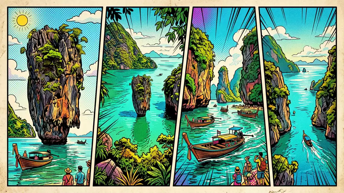 Pop-Art-Comic von James-Bond-Insel in Phang Nga, Thailand mit Rasterpunkten