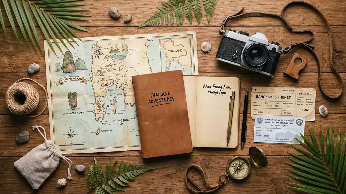 Flatlay-Reise-Arrangement rund um James-Bond-Insel in Phang Nga, Thailand