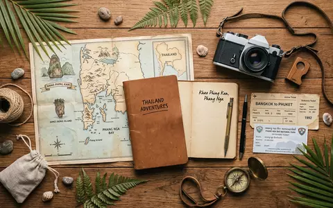 Flatlay-Reise-Arrangement rund um James-Bond-Insel in Phang Nga Thailand, Karte Kompass Kamera und generische Reiserequisiten - Foto: THN