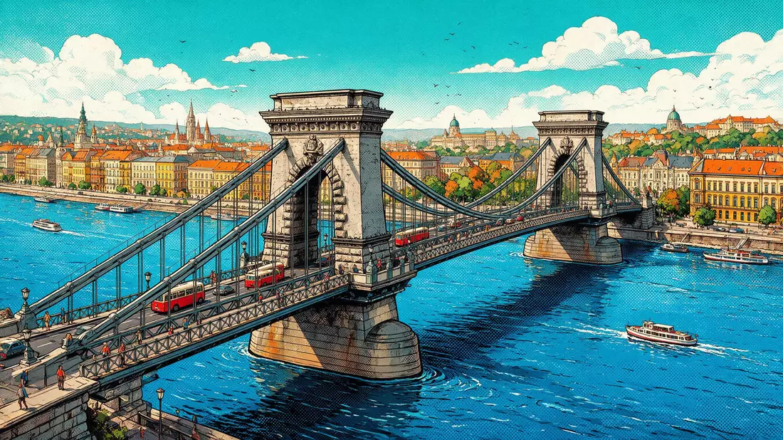 Pop-Art-Comic von Kettenbrücke Budapest in Budapest, Ungarn mit Rasterpunkten