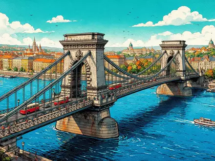 Pop-Art-Comicillustration des Wahrzeichens Kettenbrücke Budapest in Budapest Ungarn, kraeftige Konturen Rasterpunkte und satte Farben - Foto: THN