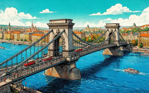Pop-Art-Comicillustration des Wahrzeichens Kettenbrücke Budapest in Budapest Ungarn, kraeftige Konturen Rasterpunkte und satte Farben - Foto: THN