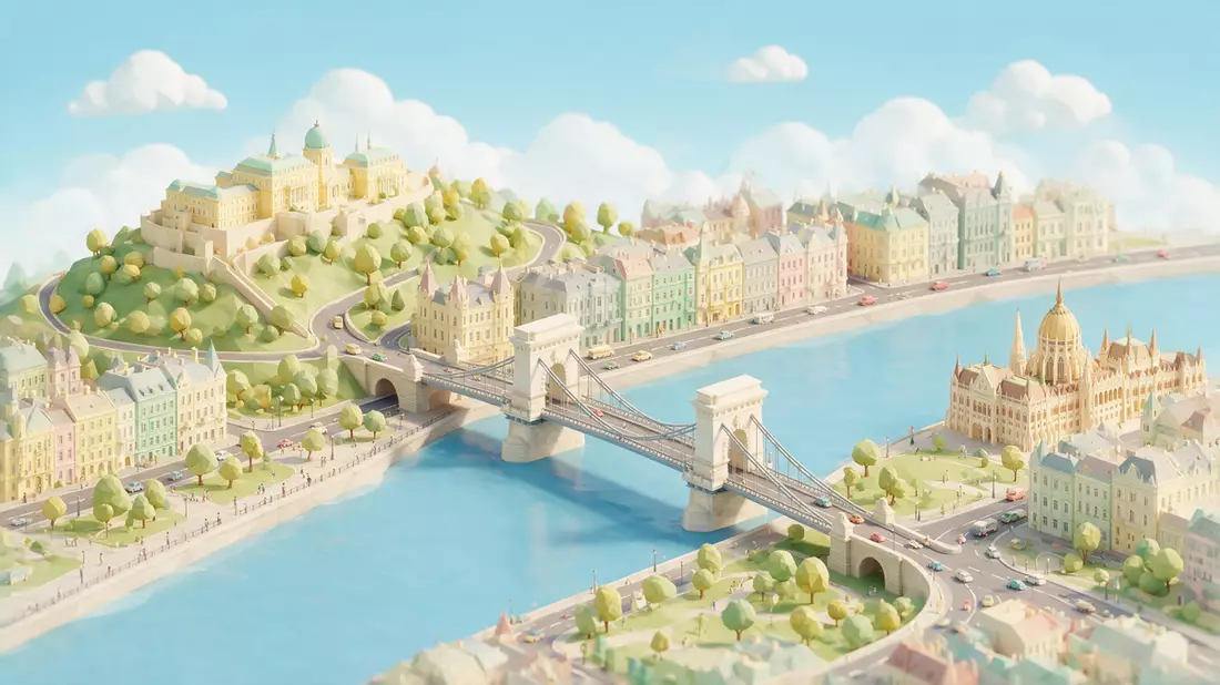 Isometrisches Diorama von Kettenbrücke Budapest in Budapest, Ungarn in Pastell