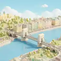 Isometrisches Diorama von Kettenbrücke Budapest und Umgebung in Budapest Ungarn, verspielte Low-Poly-Kulisse in Pastellfarben - Foto: THN