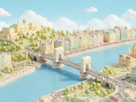 Isometrisches Diorama von Kettenbrücke Budapest und Umgebung in Budapest Ungarn, verspielte Low-Poly-Kulisse in Pastellfarben - Foto: THN